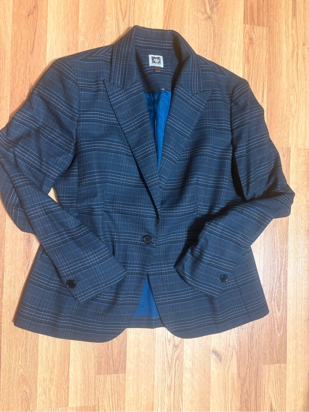 Anne Klein Navy Plaid Single-Button Blazer